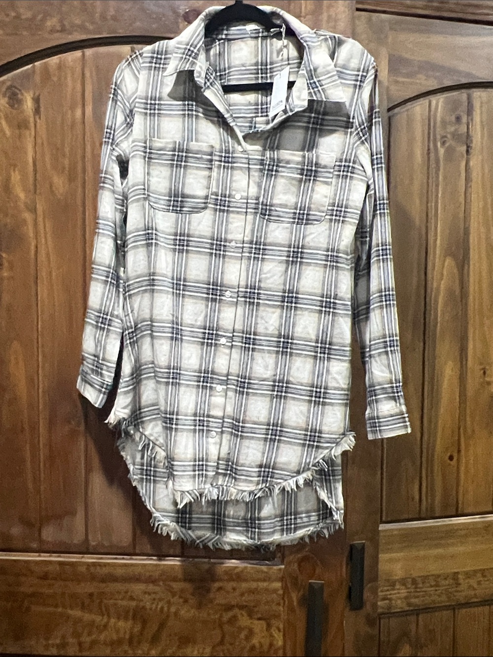 Plaid Button-Down Tunic Shirt Dress in Oatmeal and Navy.